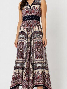 Boho Handkerchief Hem Maxi Dress Sleeveless Smocked Waist Size S